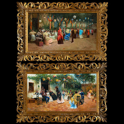 Escuela Española del siglo XIX - Pareja de escenas de La Verbena y el Patio Andaluz, Firmado &quot;Lucas Villamil&quot;
