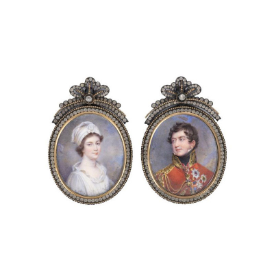 Richard Cosway. &quot;Jorge IV como principe regente y su madre Carlota de Mecklemburgo-Strelitz&quot;. Pareja de exquisitos retratos en miniatura