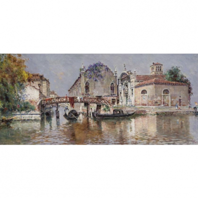Antonio Reyna.  &quot;Abadia de la Misericordia, Canal de Santa Maria Dell&#039;Orto&quot;. Óleo sobre lienzo. Firmado y localizado (A. Reyna / Venecia) en el ángulo inferior derecho.