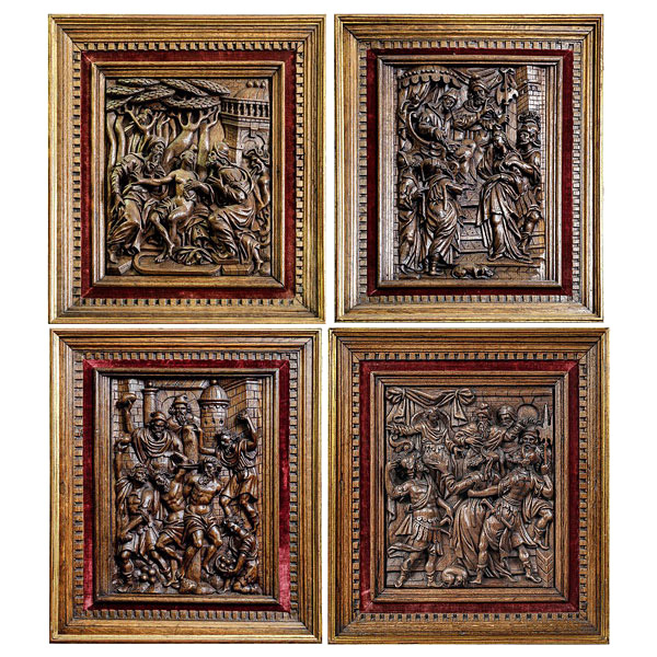 Conjunto de 4 importantes paneles en madera de roble tallados en relieve con escenas del Antiguo Testamento. Siglo XVI, Flandes, Países Bajos.