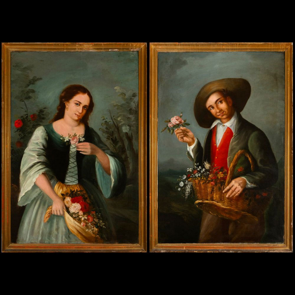 Atribuido a Juan Rodríguez y Jiménez &quot;el Panadero&quot; (1765–1865) &quot;Pareja de muchachos con flores&quot; Escuela Española del siglo XIX.   