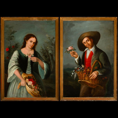 Atribuido a Juan Rodríguez y Jiménez &quot;el Panadero&quot; (1765–1865) &quot;Pareja de muchachos con flores&quot; Escuela Española del siglo XIX.   