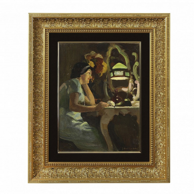 José Benlliure Ortiz (1884-1916) &quot;Dama en el tocador&quot;.    Pintura sobre tabla. Firmada  