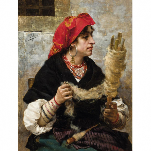 Joaquín Agrasot.   &quot;Hilandera&quot;. Óleo sobre lienzo. Firmado en el ángulo superior izquierdo.