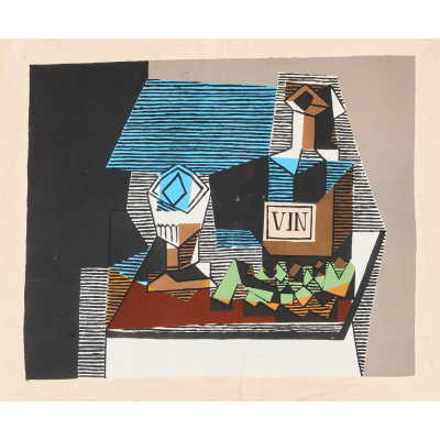 Despu&eacute;s de Pablo Ru&iacute;z Picasso. Nature morte &agrave; la bouteille de vin et aux raisins.  Litograf&iacute;a sobre papel. Firmada 