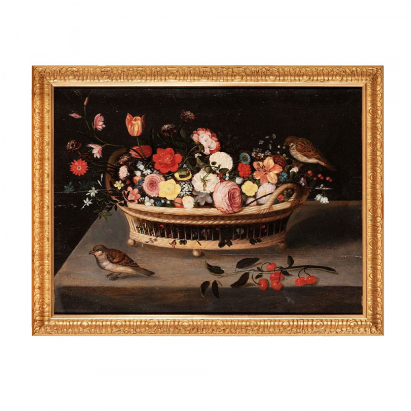 JAN BRUEGHEL EL JOVEN (Amberes, 1601 &ndash; 1678), atribuido "Cesta de flores con p&aacute;jaros".    &Oacute;leo sobre tabla