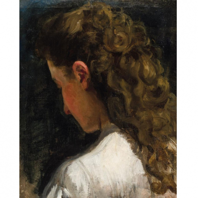 Eduardo Rosales. &quot;Escorzo de cabeza de mujer (1864)&quot;. Óleo sobre lienzo. Etiqueta de testamentaría al dorso.