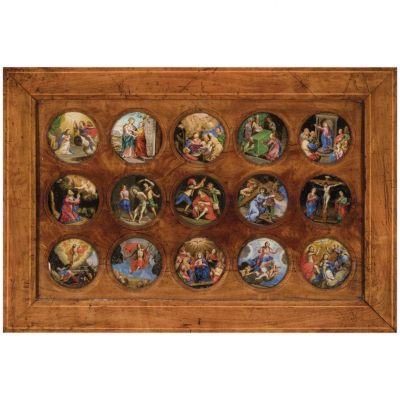 Escuela Italiana S. XVII-XVIII.   &quot;Vida de Cristo&quot;. Quince óleos sobre cristal montados en panel rectangular