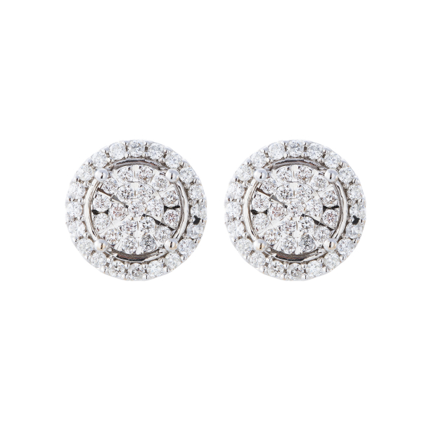Pendientes en oro blanco con rosetón y orla de diamantes talla brillante engastados en garras.