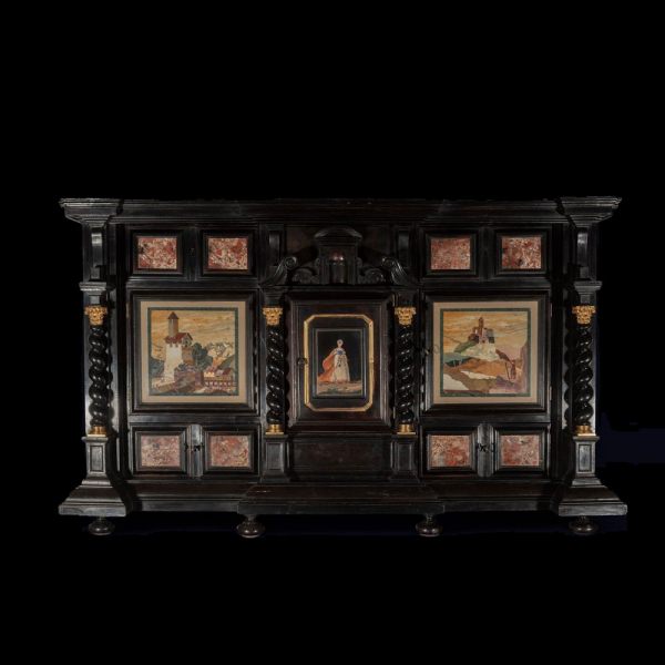 Mueble Cabinet Contador Florentino en ébano y piedras duras, trabajo italiano del siglo XVII. 