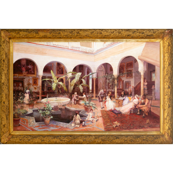 Jiménez Aranda (Sevilla, 7 de febrero de 1837-Sevilla, 6 de mayo de 1903) , firmado, Interior de patio con personajes, escuela sevillana, siglo XIX.
