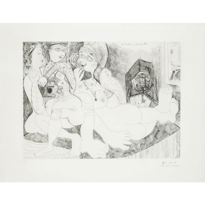 Pablo Picasso. "Casa de citas. Habladur&iacute;as, con loro, celestina, y el retrato de Degas - Suite 156 / Maison close. Bavardages, avec Perroquet, C&eacute;lestine, et le Portait de Degas (1971)". Aguafuerte 