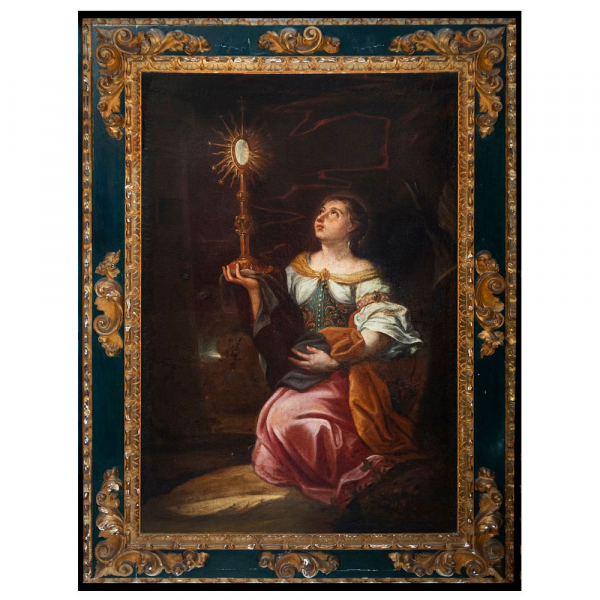 ATRIBUIDO A FRANCISCO PACHECO. Excepcional &quot;Santa Bárbara&quot; con marco Barroco de la misma época, siglo XVII. 