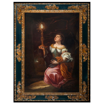 ATRIBUIDO A FRANCISCO PACHECO. Excepcional &quot;Santa Bárbara&quot; con marco Barroco de la misma época, siglo XVII. 