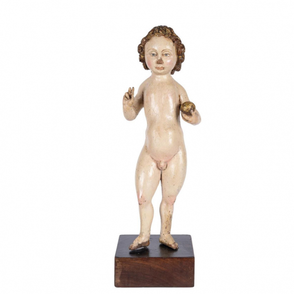 Escuela de Malinas S. XVII   "Salvator Mundi". Talla en madera policromada y con detalles en dorado.