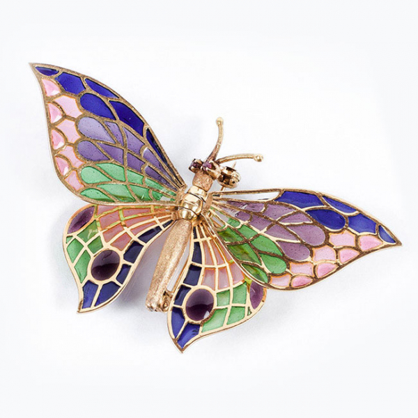 Bello alfiler vintage de alta joyería en forma de mariposa, en oro amarillo 18 K, con esmaltes transparentes multicolor.