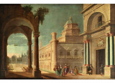 ESCUELA ITALIANA, SIGLO XVII Capricho arquitectónico con Salomón recibiendo a la reina de Saba