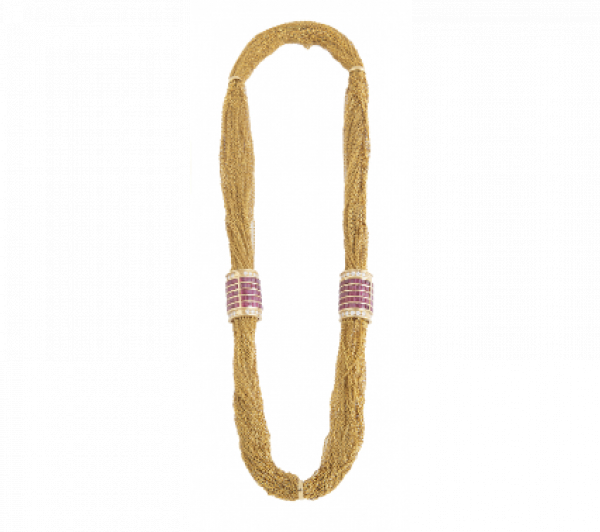 Collar largo con dos cilindros de rubíes calibrados, y brillantes 