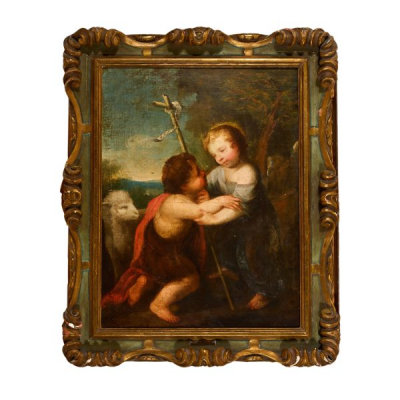 Atribuido a Alonso Cano Almansa (Granada, 1601-1667).  Jes&uacute;s infante con San Juanito.  &Oacute;leo sobre tela.  