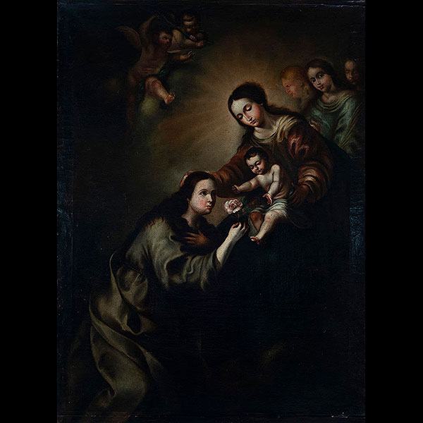 Santa Rosa de Lima, Patrona del Perú a los Pies de la Virgen, escuela colonial Virreinal de finales del siglo XVII.   Óleo sobre lienzo