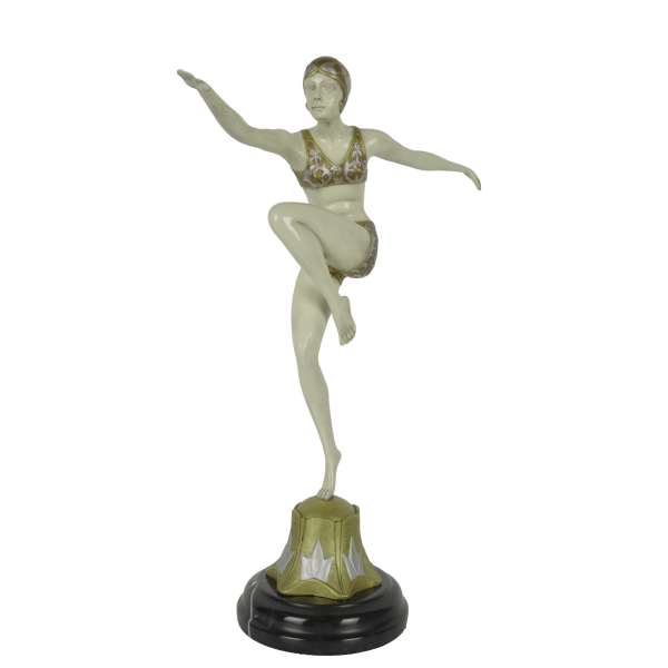 Después de Ferdinand Preiss  Con brio.   Escultura en bronce patinado, dorado y esmaltado sobre peana en mármol negro. Firmada.  