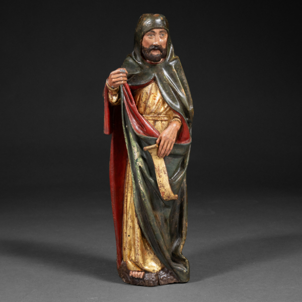 "Profeta" Escultura en madera tallada y policromada. Trabajo Alemán del siglo XVI.