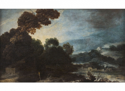 FRANCISCO COLLANTES (Madrid?, h. 1599-?, 1656)  Paisaje con arquitecturas y figuras.  H. 1630-1640.   &Oacute;leo sobre lienzo. 