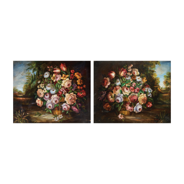 Escuela centroeuropea, s.XIX. Bodegones florales. Pareja de óleos sobre tela.