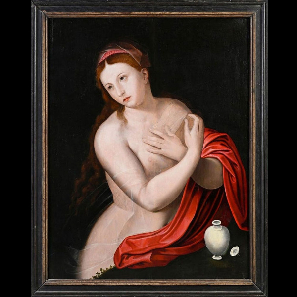 Willem Key (1515-1568) atribuido a &quot;Santa Magdalena&quot; Óleo sobre tabla sobre dos paneles de roble, 74x57cm buen estado Willem Key (Breda, 1516-Amberes, 1568)1 fue un pintor flamenco renacentista especializado en retratos.