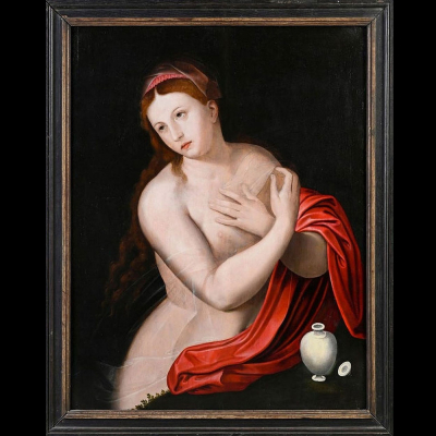 Willem Key (1515-1568) atribuido a &quot;Santa Magdalena&quot; Óleo sobre tabla sobre dos paneles de roble, 74x57cm buen estado Willem Key (Breda, 1516-Amberes, 1568)1 fue un pintor flamenco renacentista especializado en retratos.