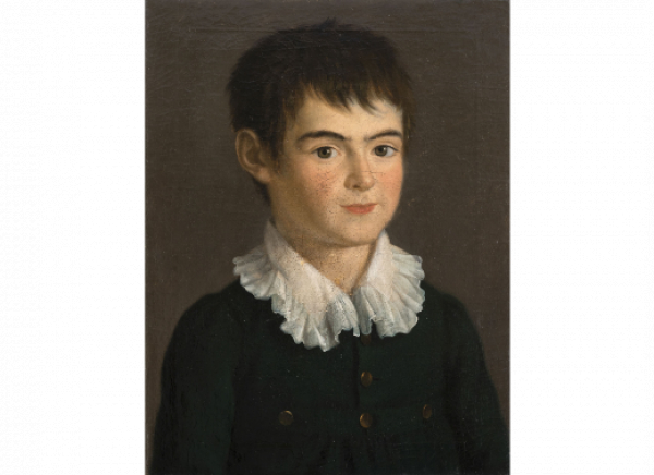 ESCUELA ESPAÑOLA, PRIMER CUARTO DEL SIGLO XIX.  Retrato de niño con levita azul.   Óleo sobre lienzo. 