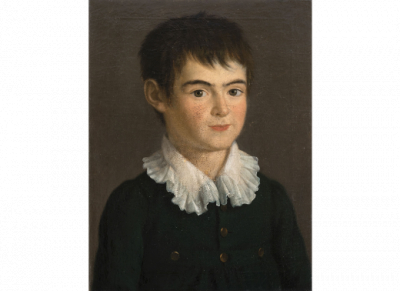 ESCUELA ESPAÑOLA, PRIMER CUARTO DEL SIGLO XIX.  Retrato de niño con levita azul.   Óleo sobre lienzo. 