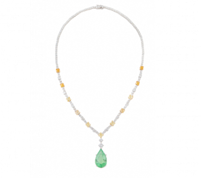 Collar con turmalina paraiba colgante talla pera de 18,08 ct, que pende de collar rivière de brillantes, con siete brillantes Fancy yellow talla cojín 