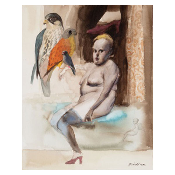 ROBERTO FABELO  (Cuba 1950) &quot;Mujer, ave y zapato de tacón &quot; Firmado: Fabeló 1992 Acuarela / Papel  