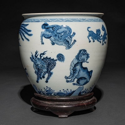 Pecera en porcelana china azul y blanco
