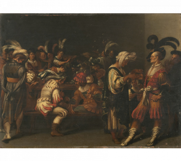 ESCUELA DEL NORTE DE ITALIA, SIGLO XVII.  Jugadores de dados, músicos y la Buenaventura. 