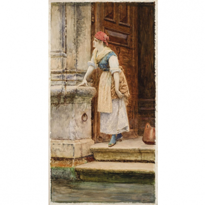 Juan Luna Novicio.   &quot;Joven veneciana al pie del canal&quot;. Acuarela. Firmada y localizada (Venecia)