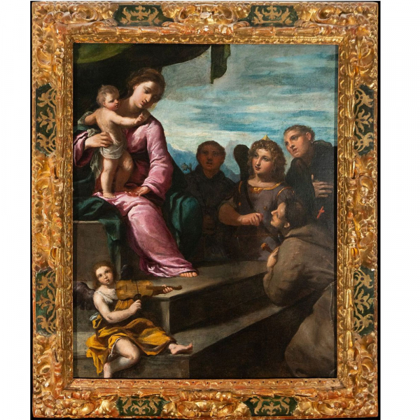 "Virgen con el Niño y santos" Escuela italiana, círculo de Ippolito Scarsella, Siglo XVII.