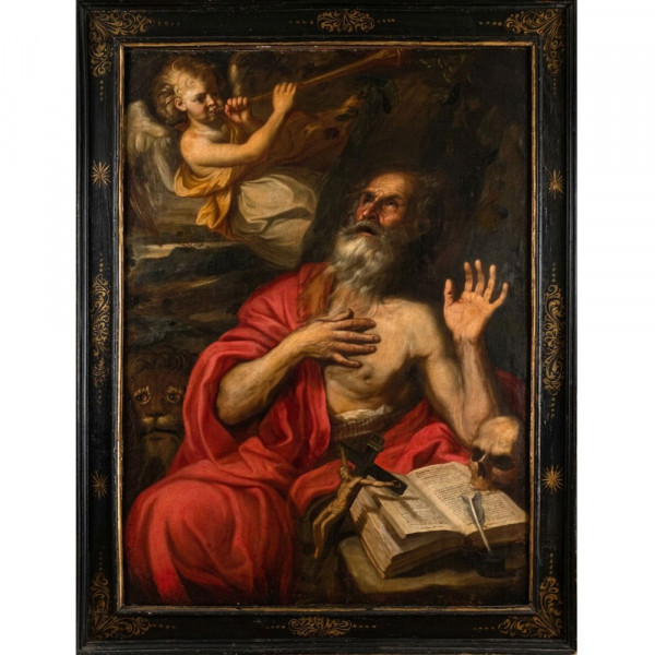 Maestro Barroco Italiano del siglo XVII "San Jerónimo y el ángel anunciador".   Óleo sobre lienzo.