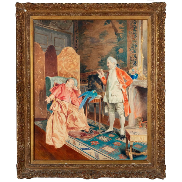 Vicente Poveda "La Visita al Cardenal", Escuela Española, 1884. Acuarela sobre papel