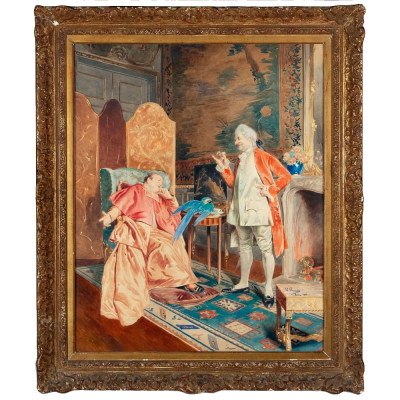 Vicente Poveda "La Visita al Cardenal", Escuela Espa&ntilde;ola, 1884. Acuarela sobre papel