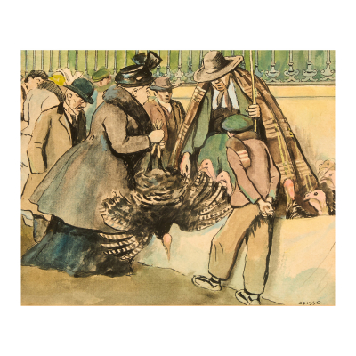 Ricard Opisso Sala (Tarragona, 1880-Barcelona, 1966)  Día de mercado.  Dibujo a tinta y acuarela sobre papel. Firmado. 