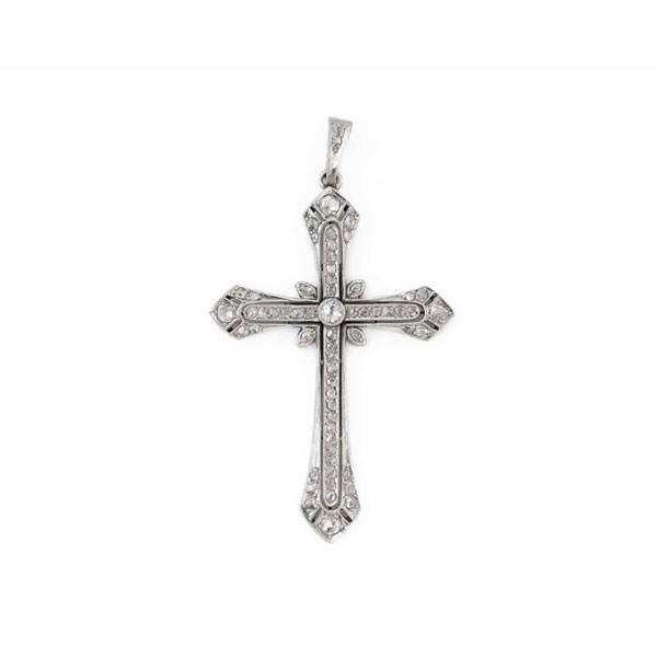 Delicada cruz colgante antigua en oro rosa 18 K, decorada con un limpio y blanco diamante central, talla 'cushion 