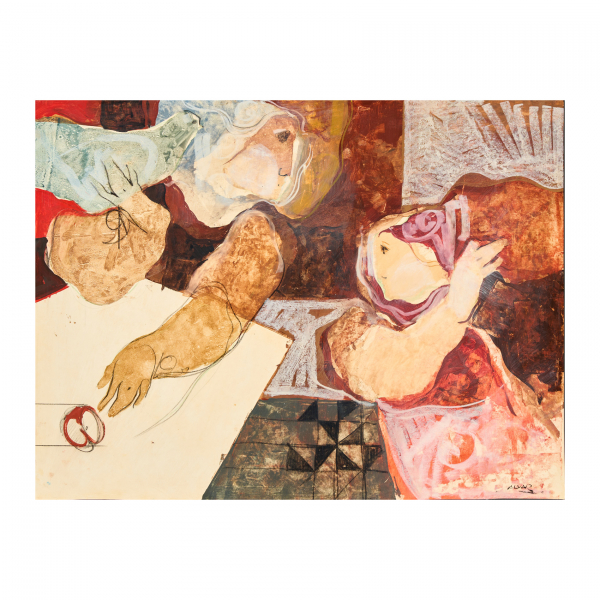 Alvar Suñol Muñoz-Ramos (Montgat, Barcelona, 1935)  Personajes con manzana.  Técnica mixta sobre papel adherido a tabla. Firmado. 