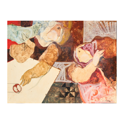 Alvar Suñol Muñoz-Ramos (Montgat, Barcelona, 1935)  Personajes con manzana.  Técnica mixta sobre papel adherido a tabla. Firmado. 
