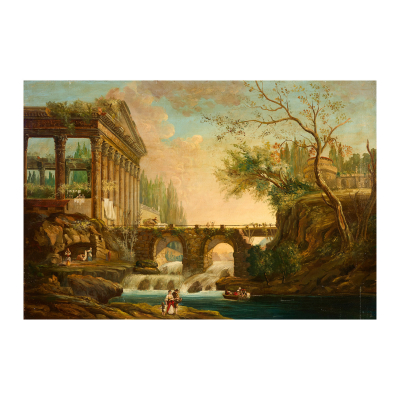 Escuela europea, s.XVIII.  Paisaje con puente.  Óleo sobre tela. Adjunta documento de exportación. 
