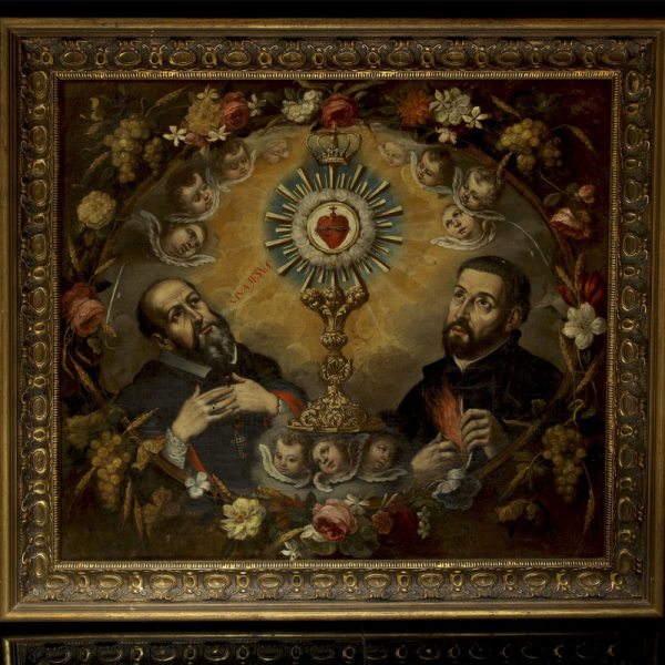 Escuela novohispana s.XVIII "Exaltación de la Eucaristía".  Óleo sobre lienzo.