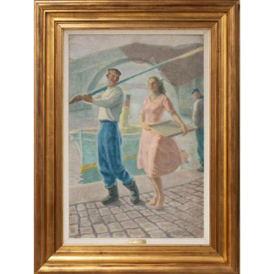 &quot;Pescador y Sardinera paseando por el puerto&quot;  ALBERTO ARRUE(Bilbao, 1878 -Llodio, 1944) 