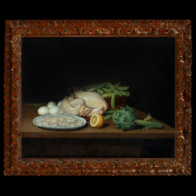 Escuela Española del siglo XVII - Bodegón de aves, legumbres y limón.   Óleo sobre lienzo.