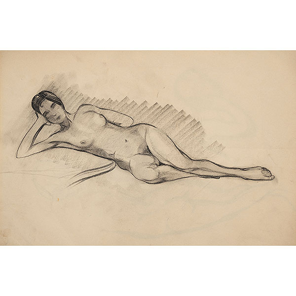 Conjunto de 27 dibujos a lápiz de figuras femeninas de corte modernista y un dibujo preparatorio para vidriera.   ISIDORO GUINEA (Bilbao, 1893-1947) 